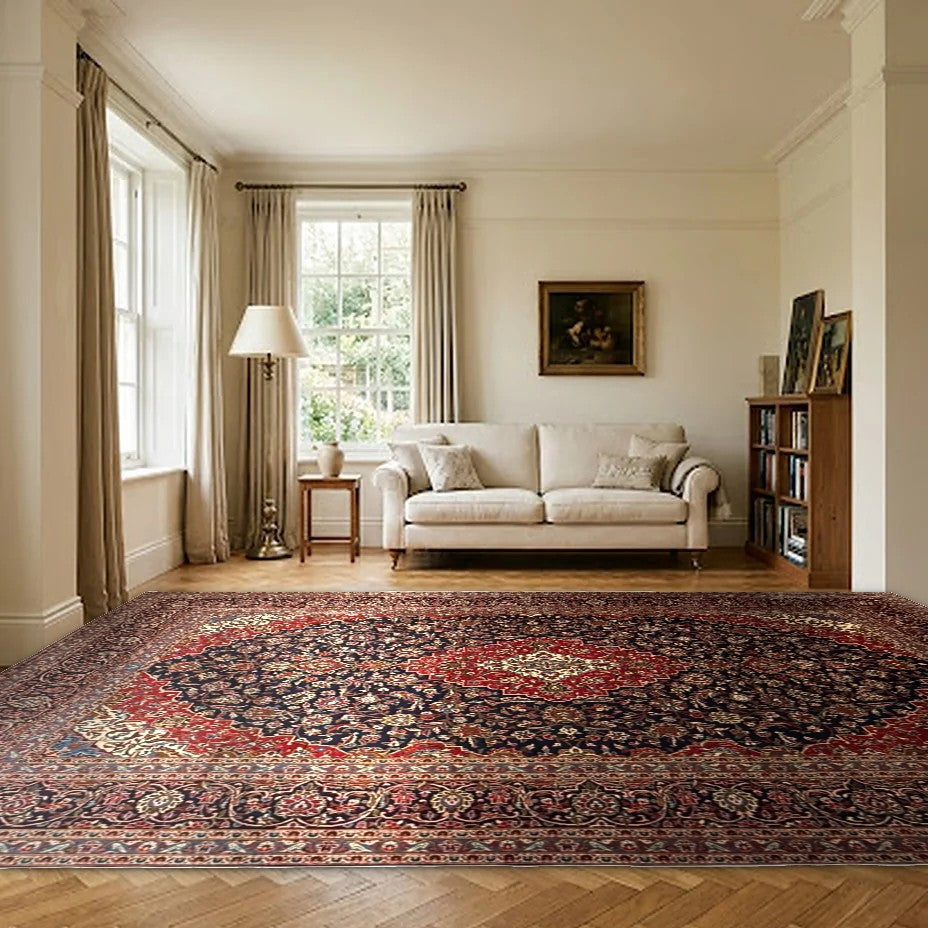 Room view: the rug on the floor of a furnished room, shown at its real size