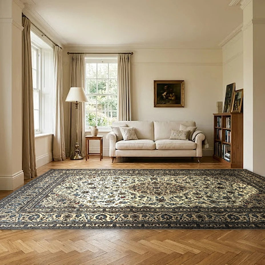 Room view: the rug on the floor of a furnished room, shown at its real size