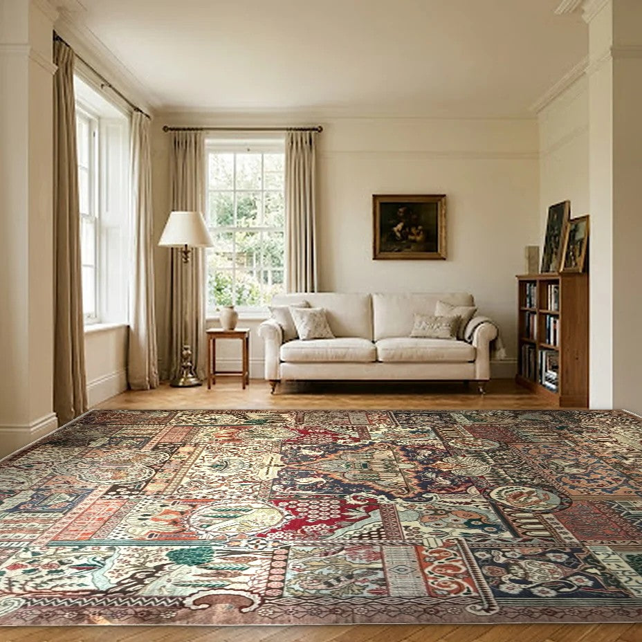 Room view: the rug on the floor of a furnished room, shown at its real size