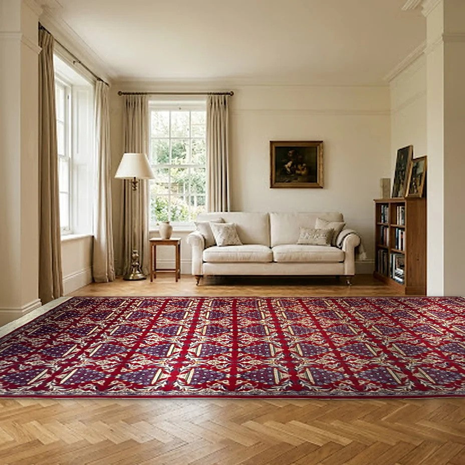 Room view: the rug on the floor of a furnished room, shown at its real size