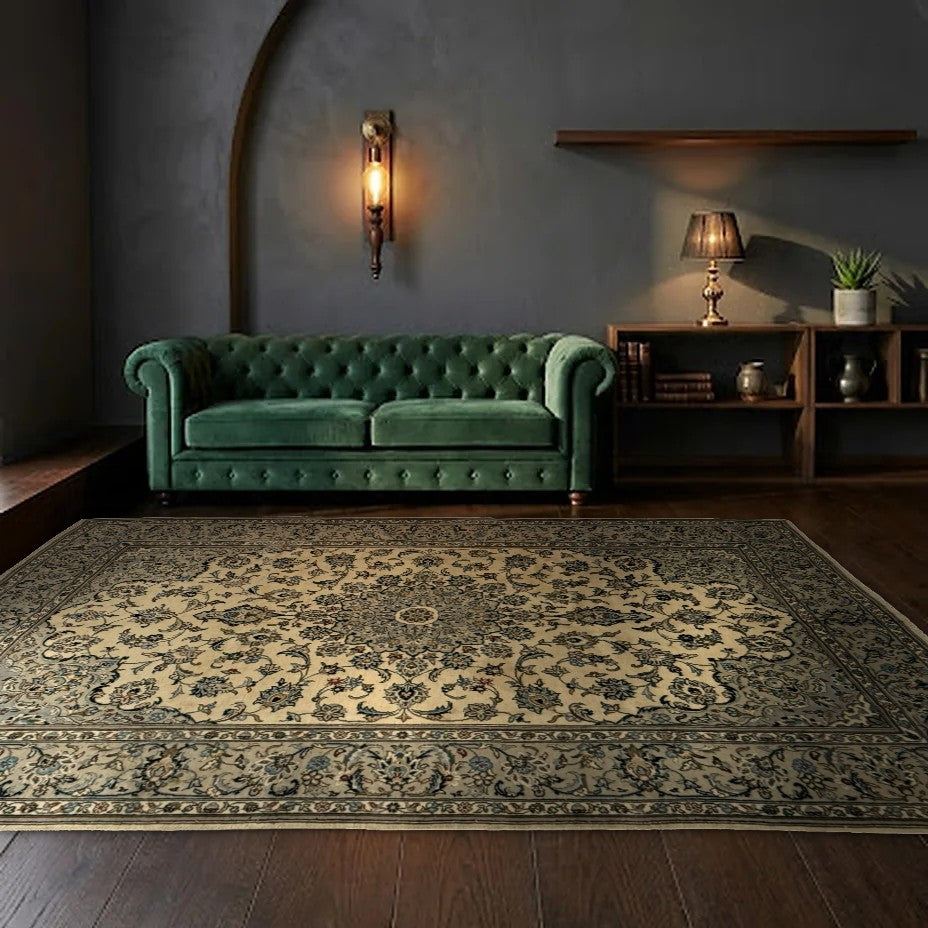 Room view: the rug on the floor of a furnished room, shown at its real size