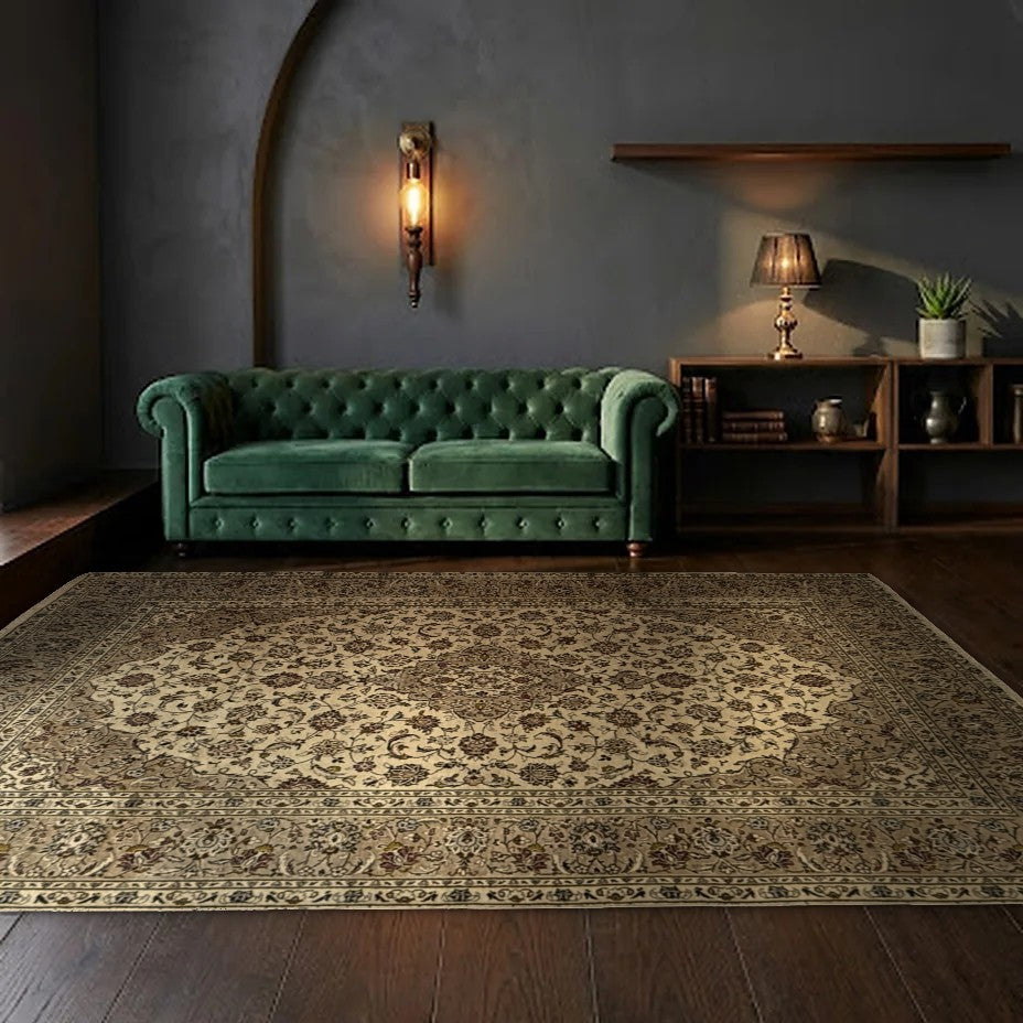 Room view: the rug on the floor of a furnished room, shown at its real size
