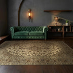 Room view: the rug on the floor of a furnished room, shown at its real size