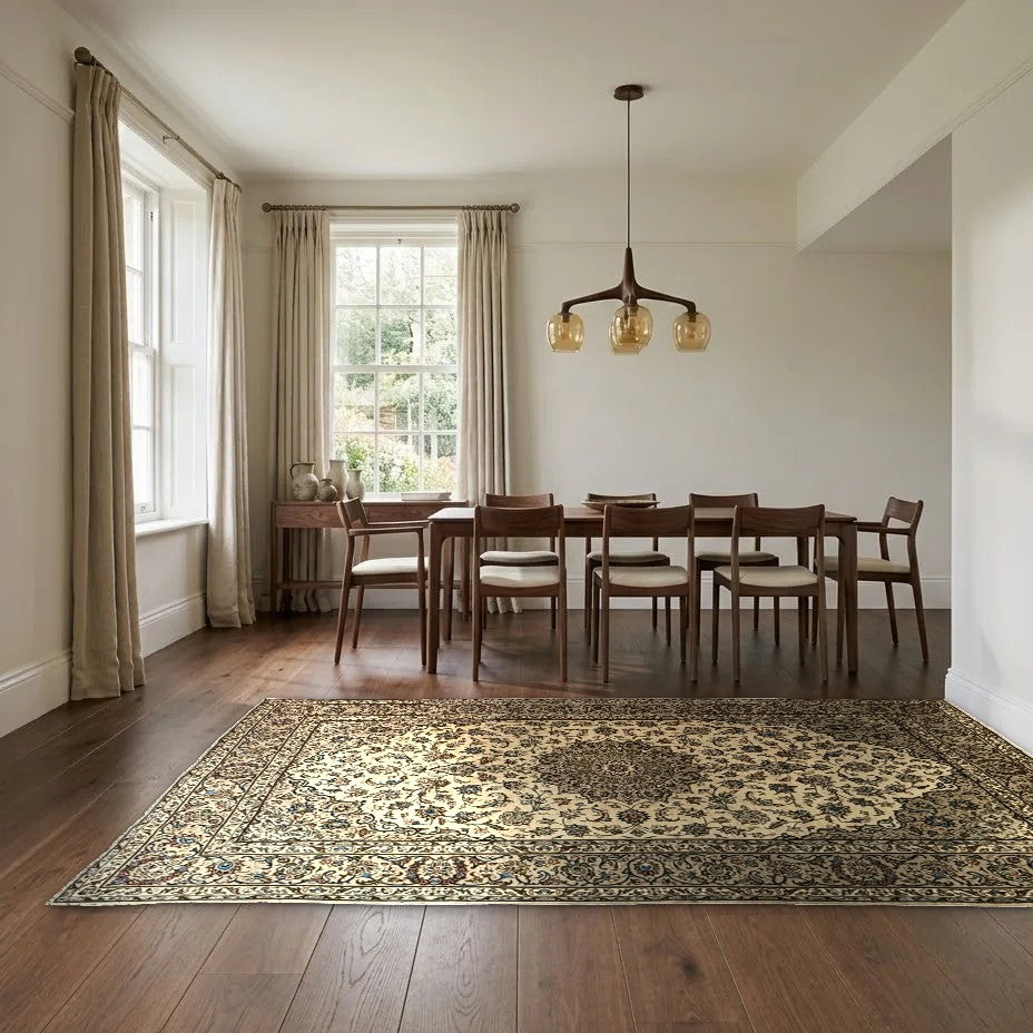 Room view: the rug on the floor of a furnished room, shown at its real size