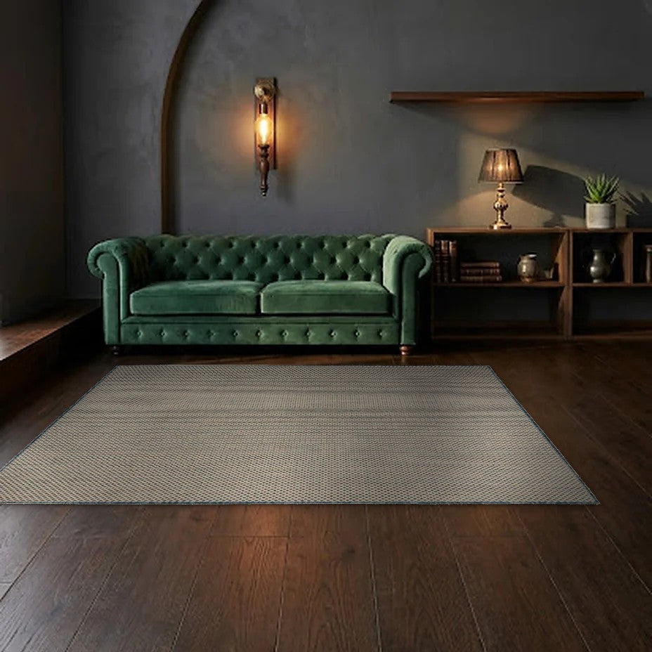 Room view: the rug on the floor of a furnished room, shown at its real size