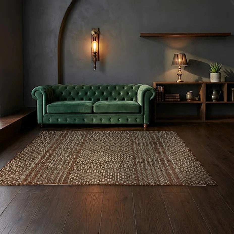 Room view: the rug on the floor of a furnished room, shown at its real size