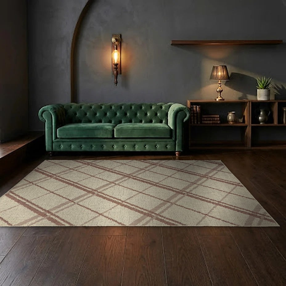 Room view: the rug on the floor of a furnished room, shown at its real size