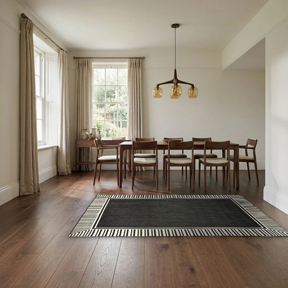 Room view: the rug on the floor of a furnished room, shown at its real size