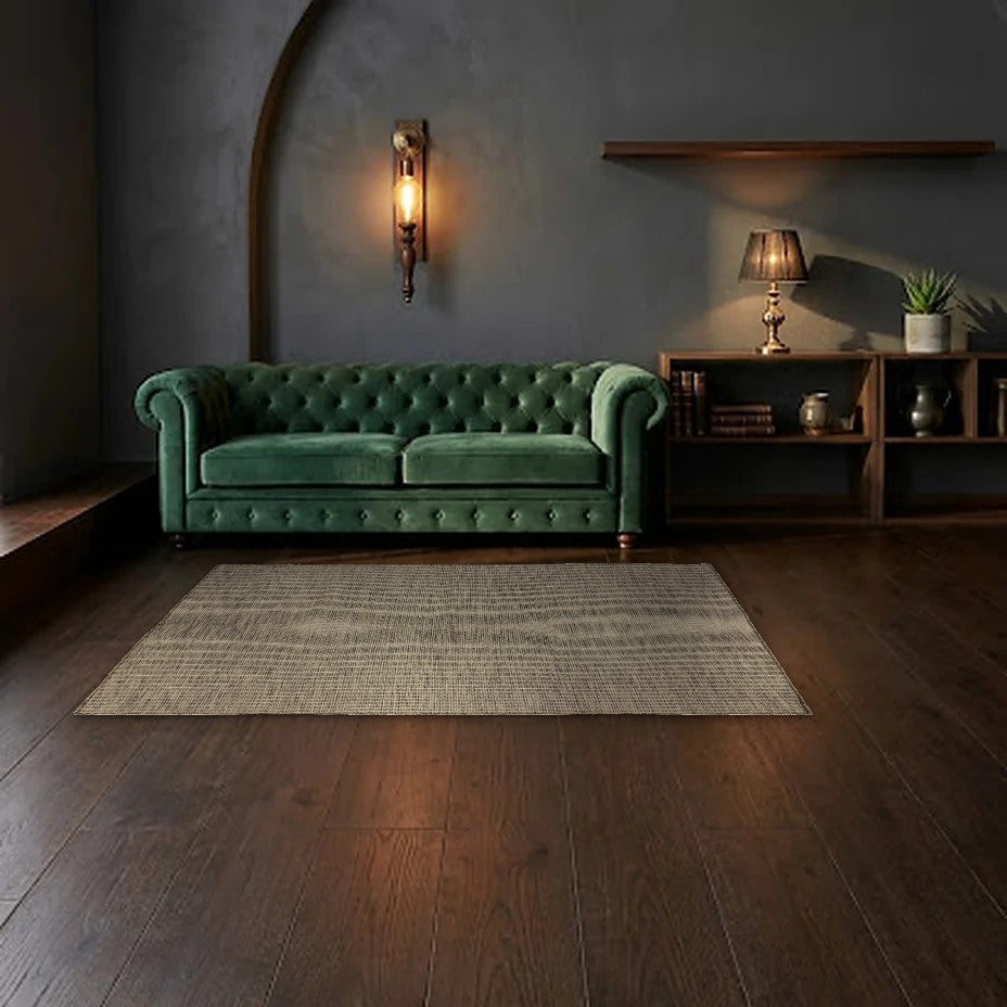 Room view: the rug on the floor of a furnished room, shown at its real size