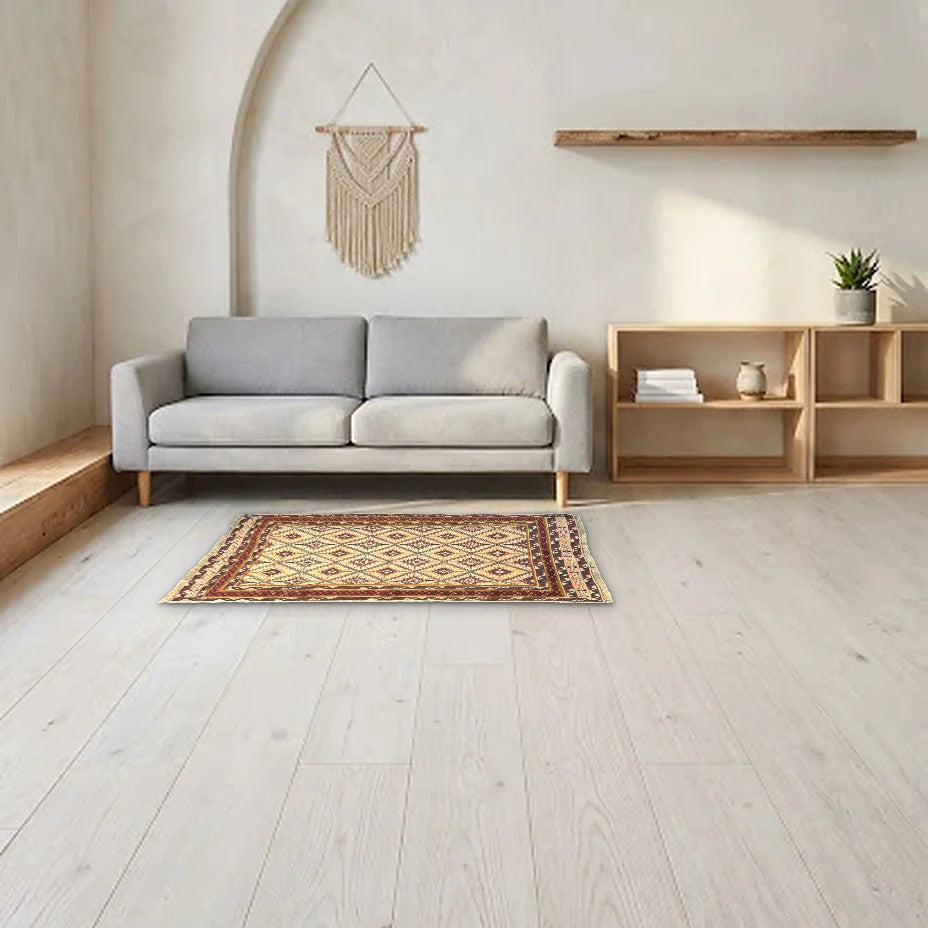 Room view: the rug on the floor of a furnished room, shown at its real size