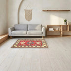Room view: the rug on the floor of a furnished room, shown at its real size