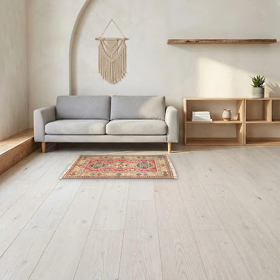Room view: the rug on the floor of a furnished room, shown at its real size