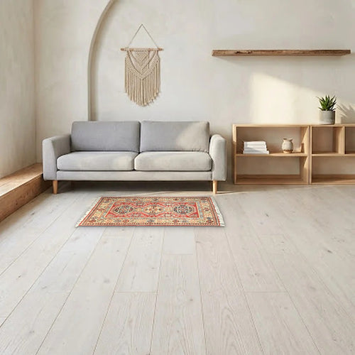 Room view: the rug on the floor of a furnished room, shown at its real size