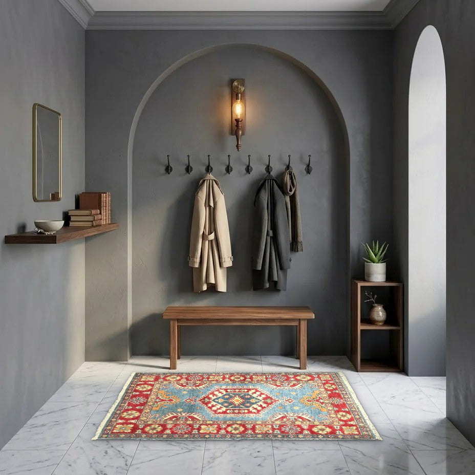 Room view: the rug on the floor of a furnished room, shown at its real size
