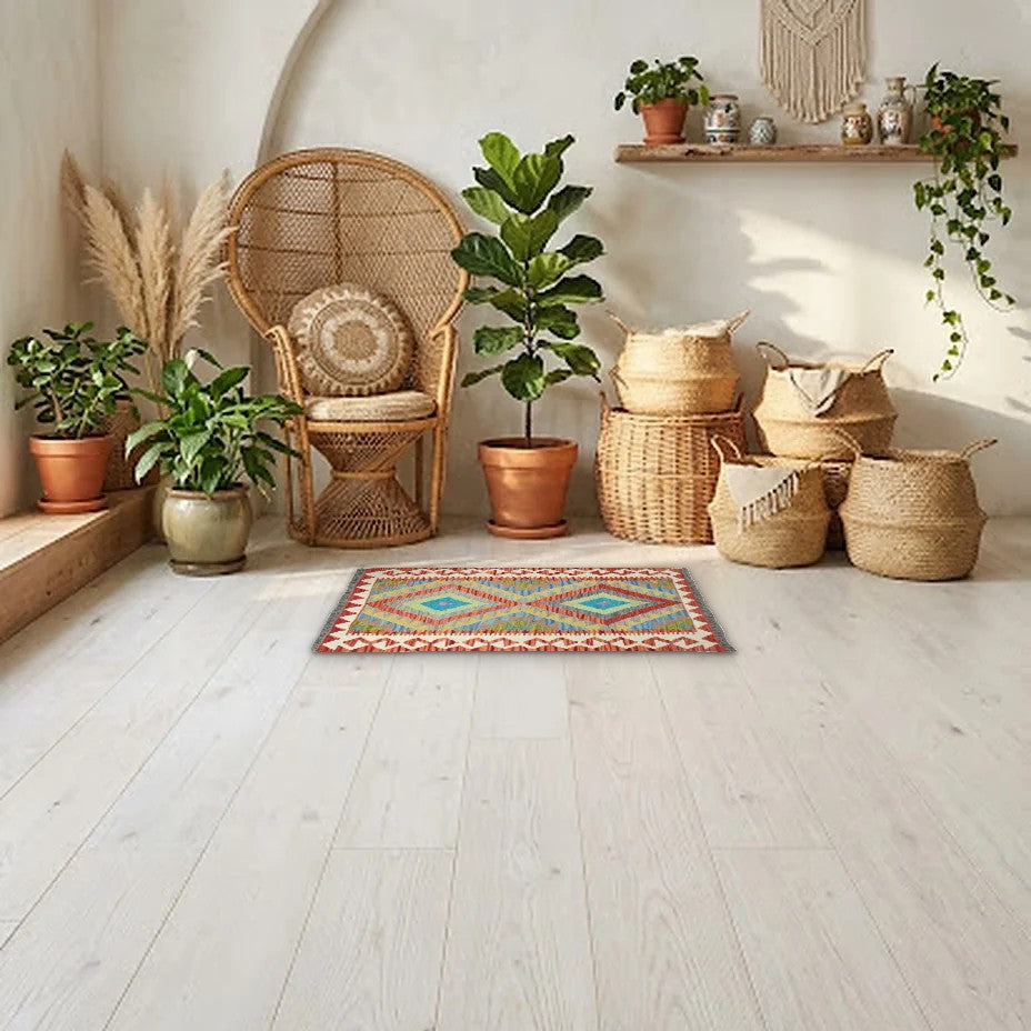 Room view: the rug on the floor of a furnished room, shown at its real size
