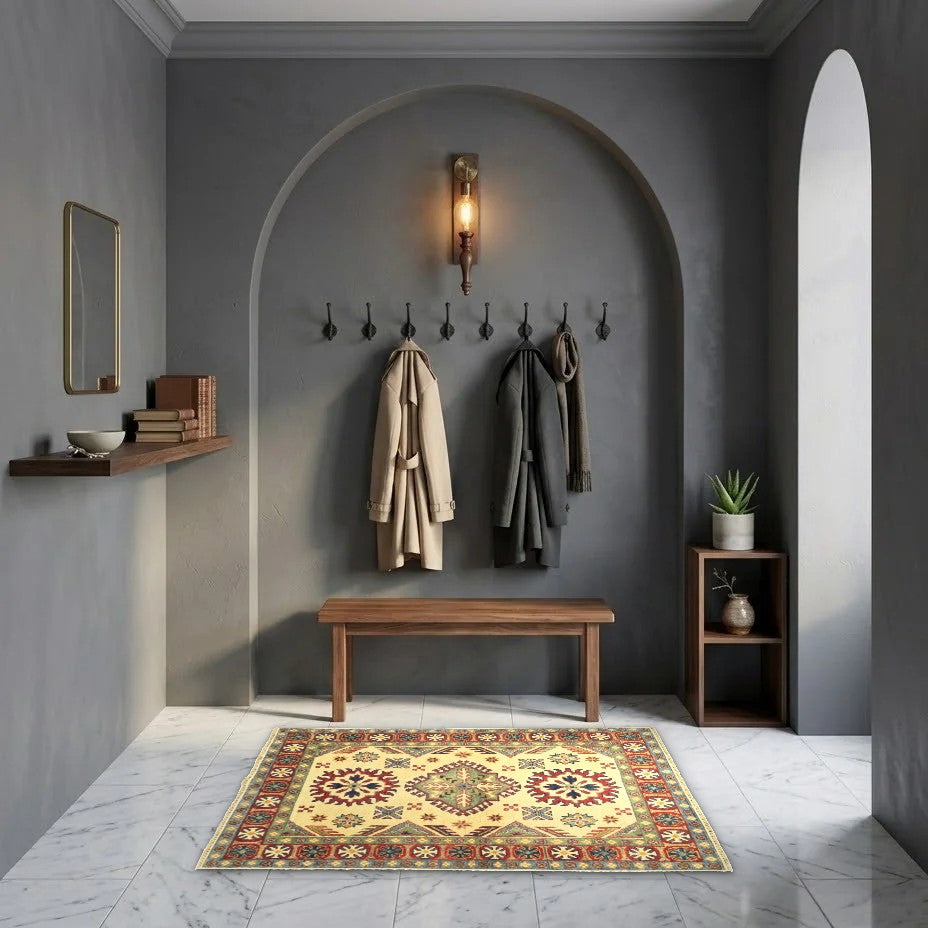 Room view: the rug on the floor of a furnished room, shown at its real size