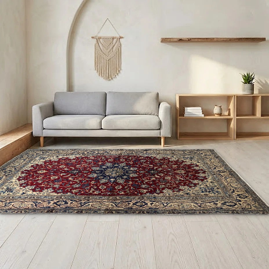 Room view: the rug on the floor of a furnished room, shown at its real size