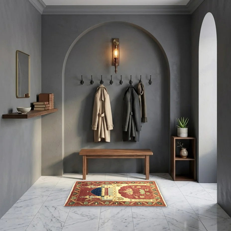 Room view: the rug on the floor of a furnished room, shown at its real size