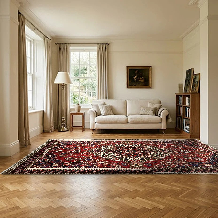 Room view: the rug on the floor of a furnished room, shown at its real size