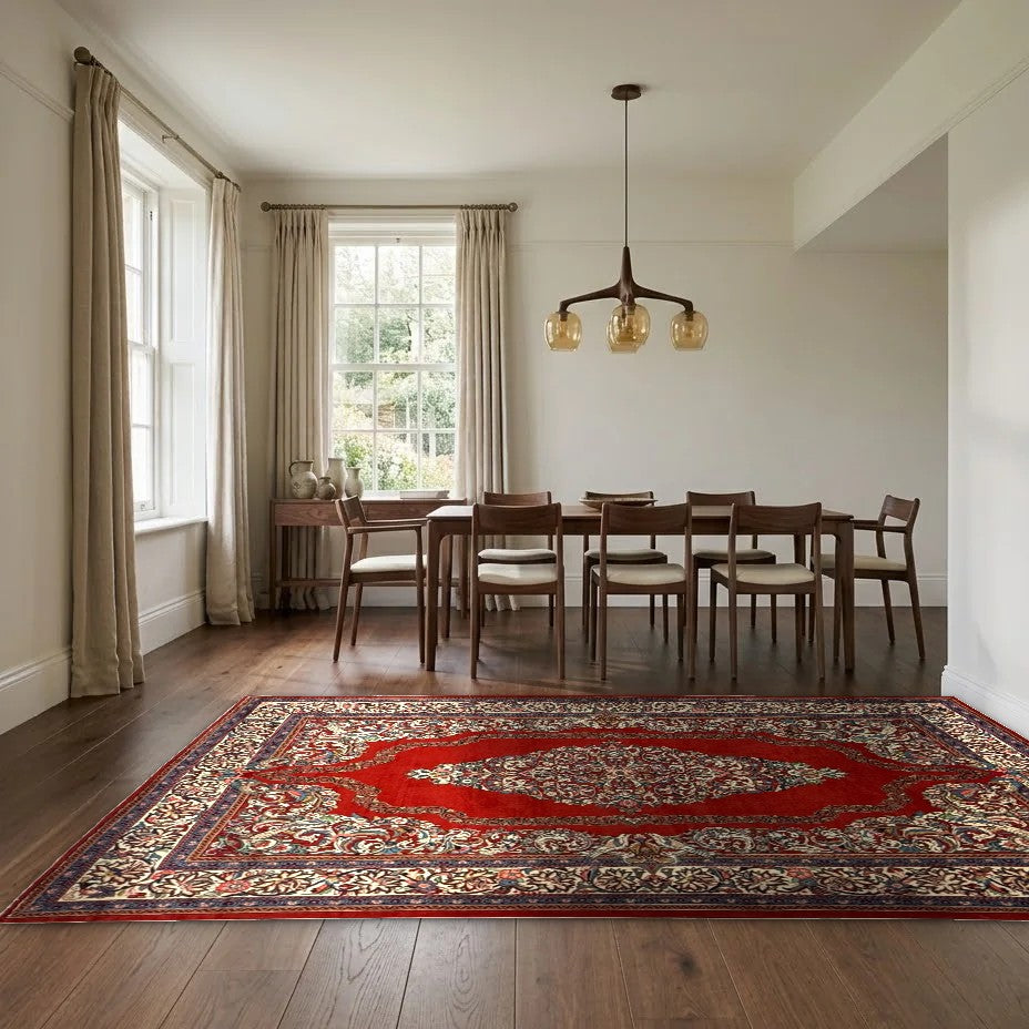 Room view: the rug on the floor of a furnished room, shown at its real size