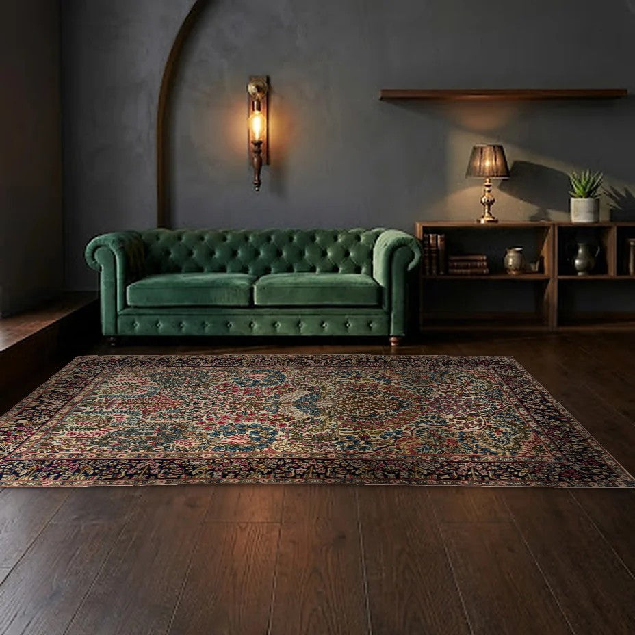 Room view: the rug on the floor of a furnished room, shown at its real size
