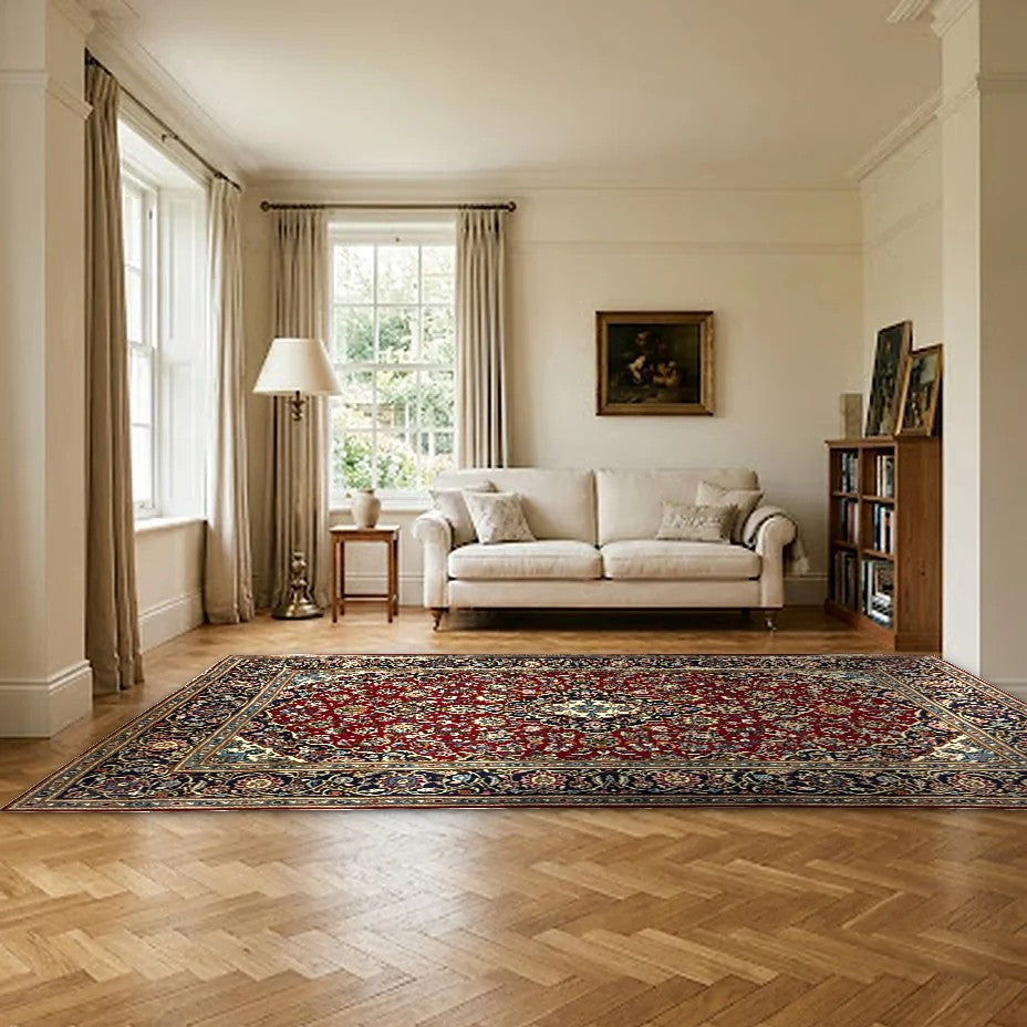 Room view: the rug on the floor of a furnished room, shown at its real size