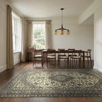 Room view: the rug on the floor of a furnished room, shown at its real size