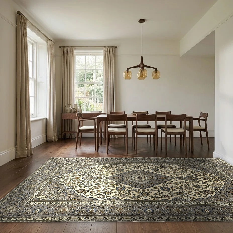 Room view: the rug on the floor of a furnished room, shown at its real size