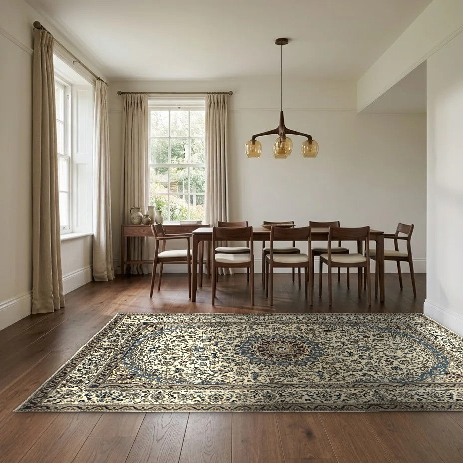 Room view: the rug on the floor of a furnished room, shown at its real size