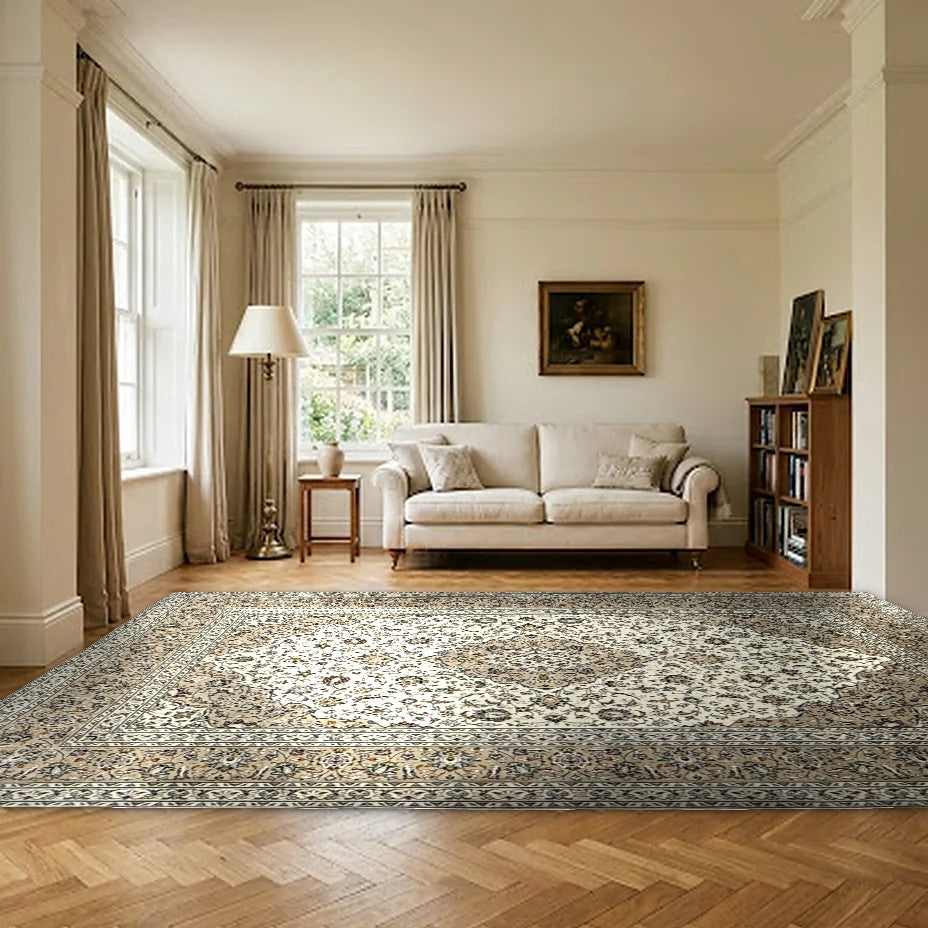 Room view: the rug on the floor of a furnished room, shown at its real size