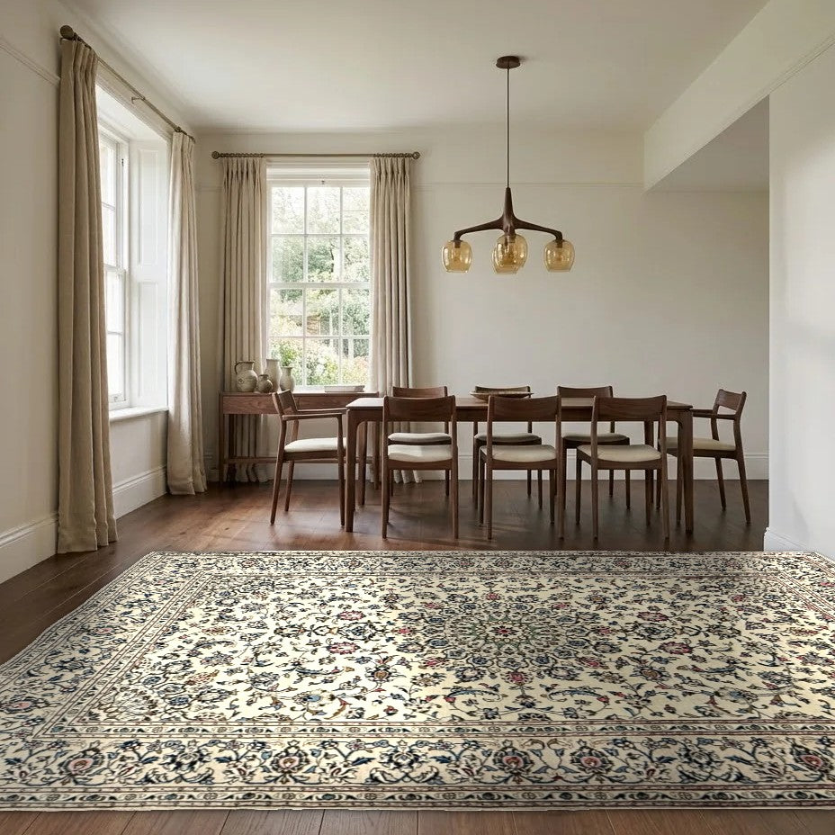 Room view: the rug on the floor of a furnished room, shown at its real size