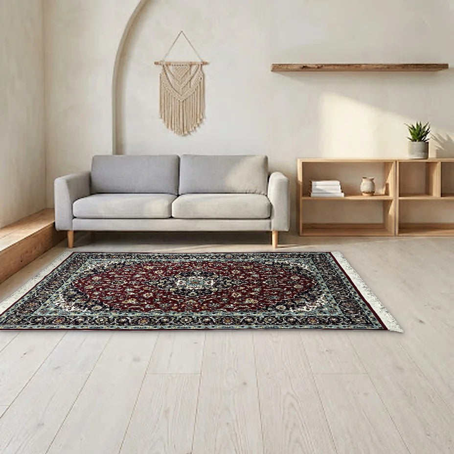 Room view: the rug on the floor of a furnished room, shown at its real size