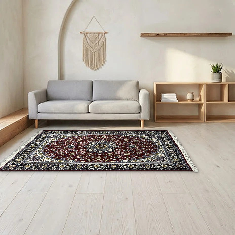 Room view: the rug on the floor of a furnished room, shown at its real size