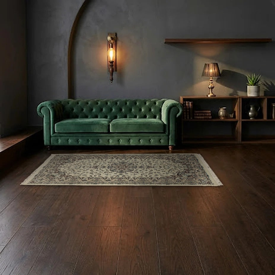 Room view: the rug on the floor of a furnished room, shown at its real size