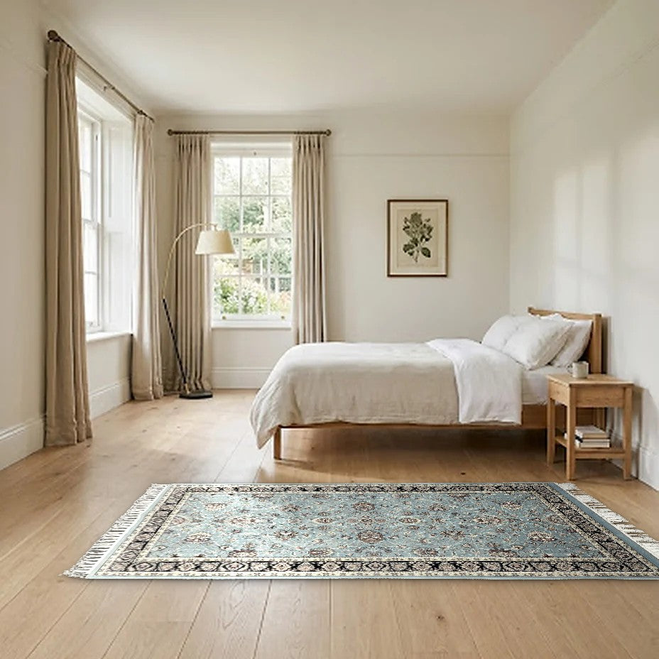 Room view: the rug on the floor of a furnished room, shown at its real size