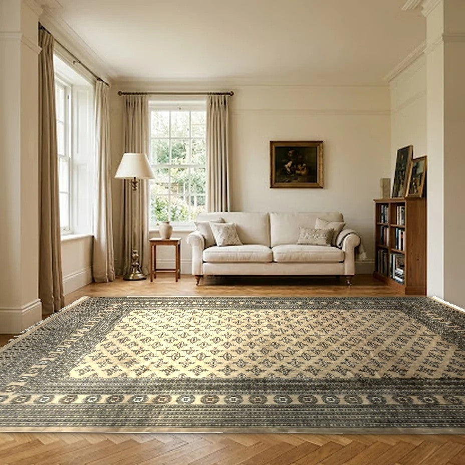 Room view: the rug on the floor of a furnished room, shown at its real size