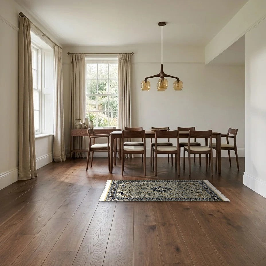 Room view: the rug on the floor of a furnished room, shown at its real size