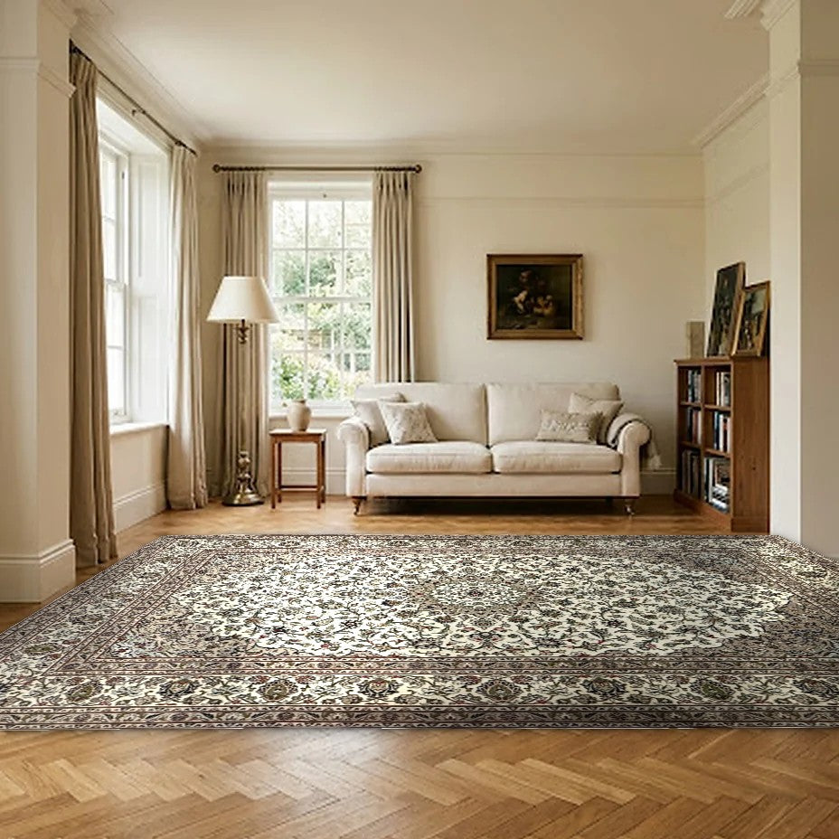 Room view: the rug on the floor of a furnished room, shown at its real size