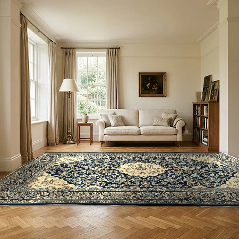 Room view: the rug on the floor of a furnished room, shown at its real size