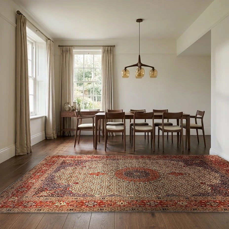 Room view: the rug on the floor of a furnished room, shown at its real size