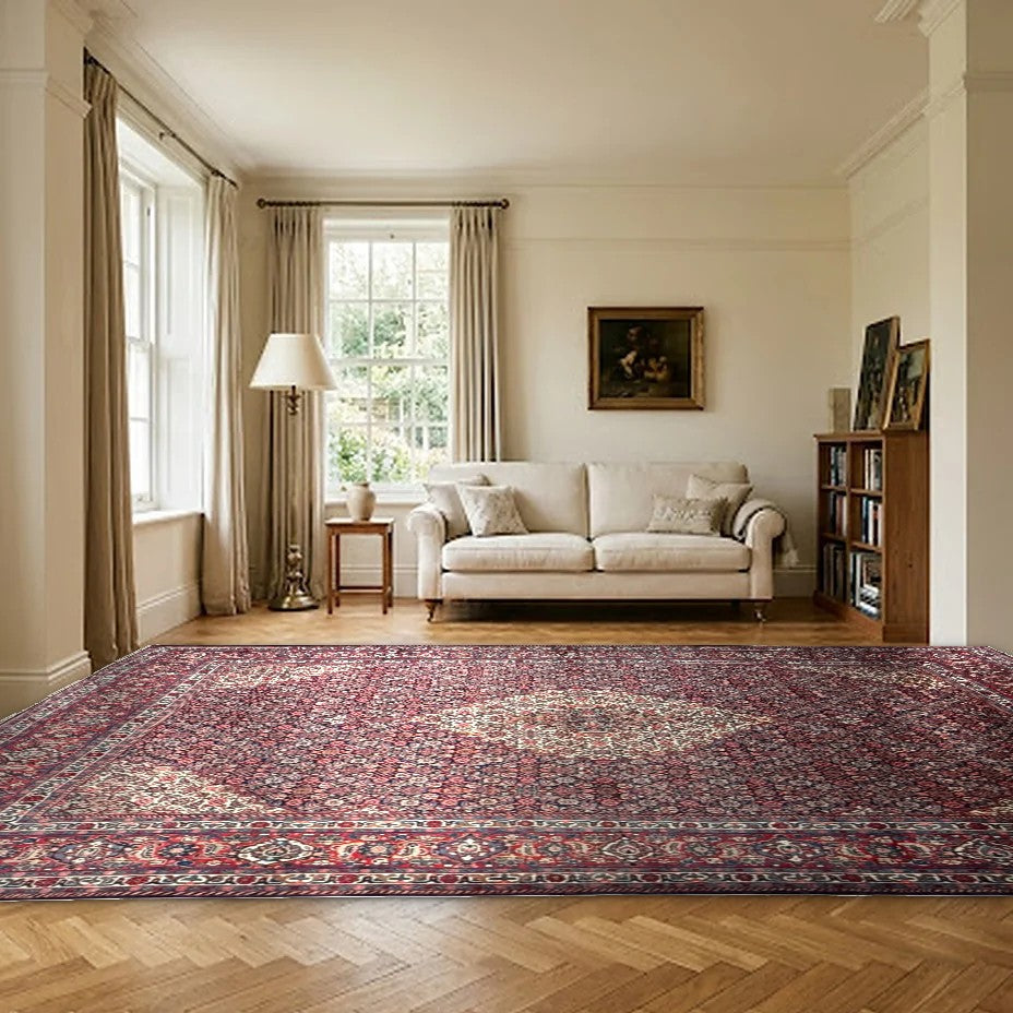 Room view: the rug on the floor of a furnished room, shown at its real size