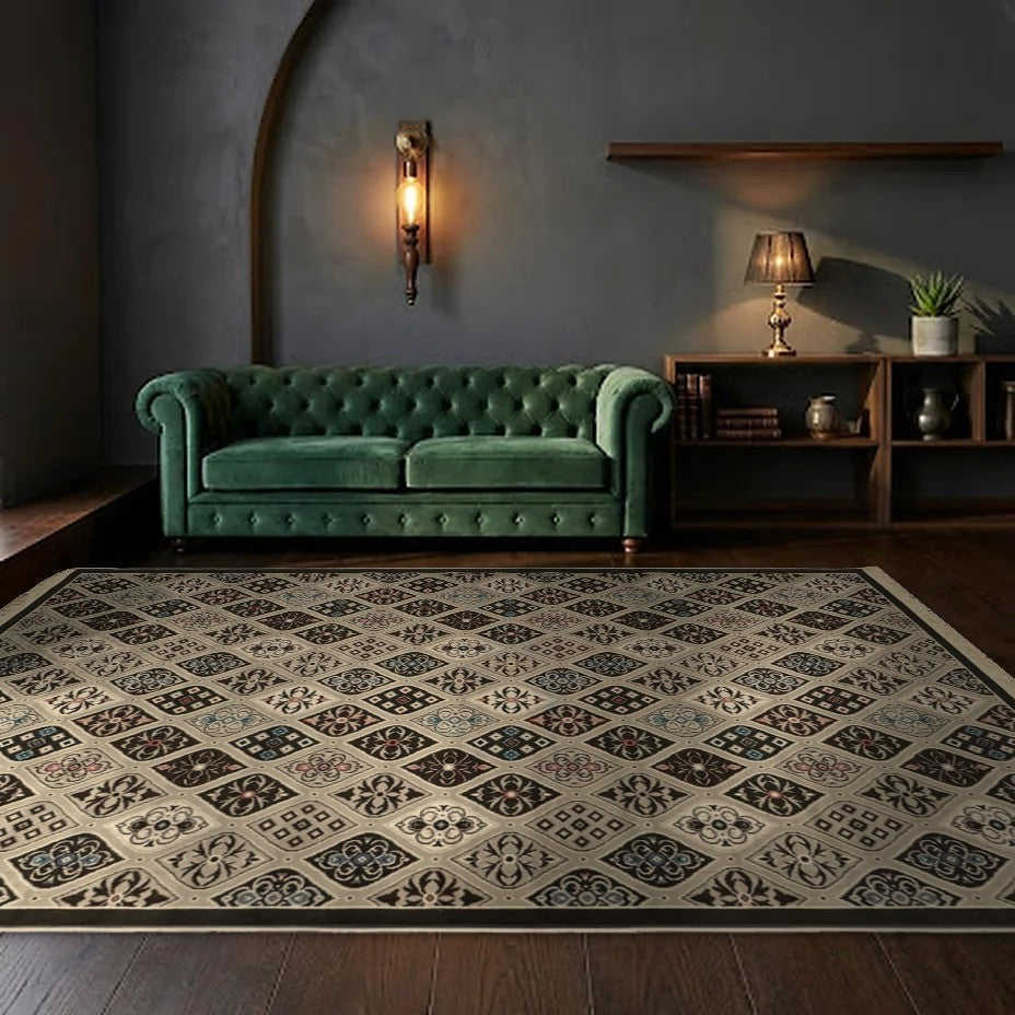 Room view: the rug on the floor of a furnished room, shown at its real size