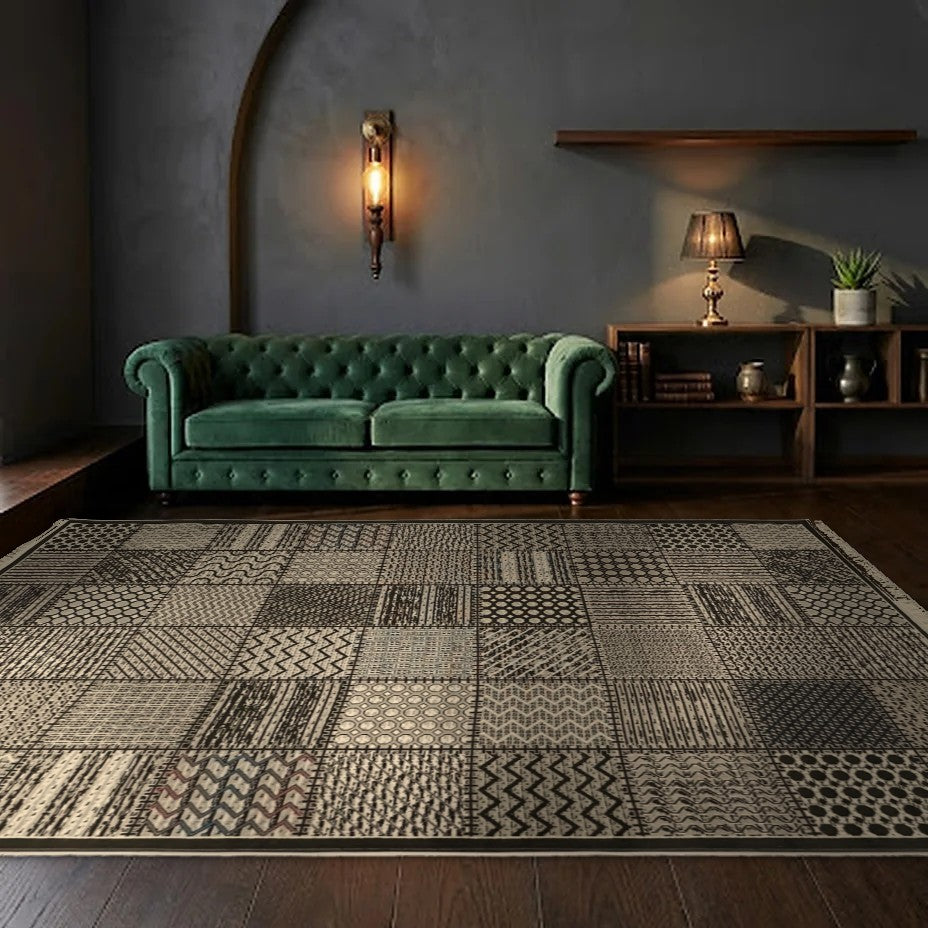 Room view: the rug on the floor of a furnished room, shown at its real size