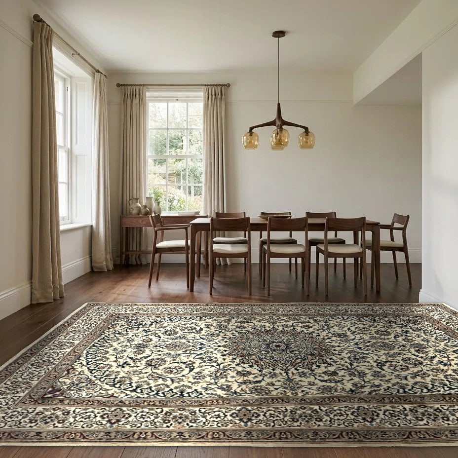 Room view: the rug on the floor of a furnished room, shown at its real size