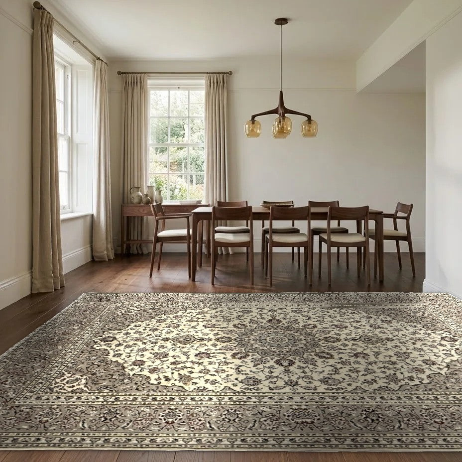 Room view: the rug on the floor of a furnished room, shown at its real size