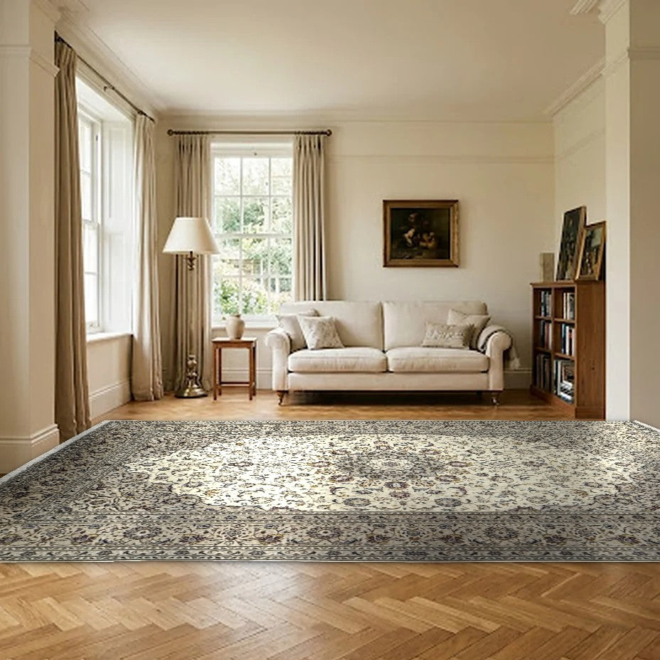Room view: the rug on the floor of a furnished room, shown at its real size