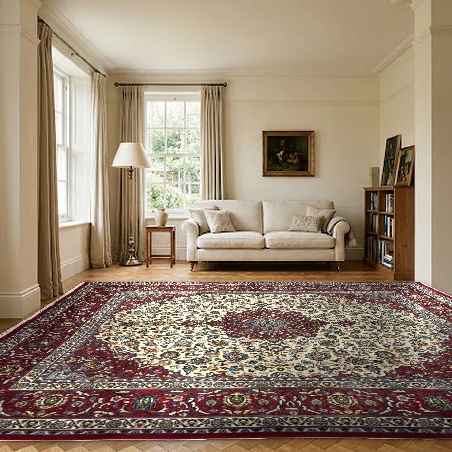 Room view: the rug on the floor of a furnished room, shown at its real size