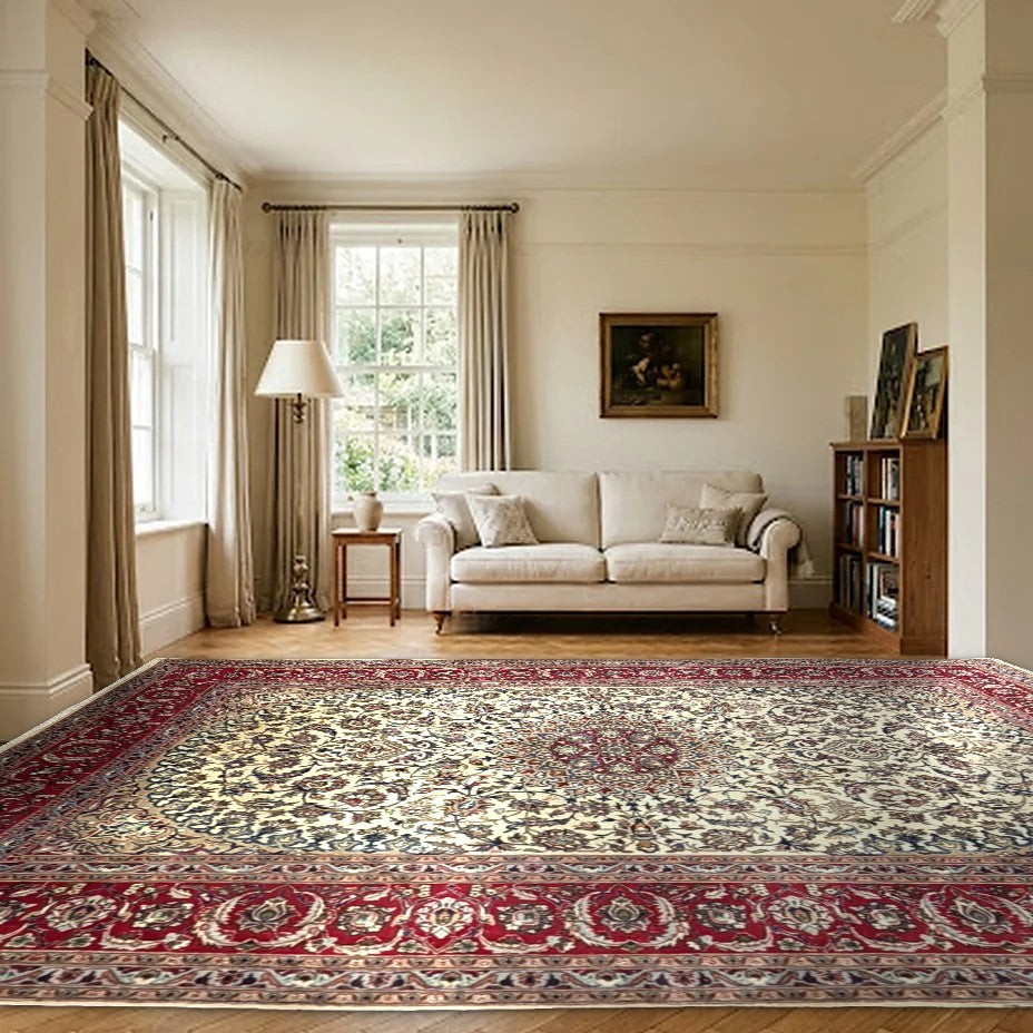 Room view: the rug on the floor of a furnished room, shown at its real size