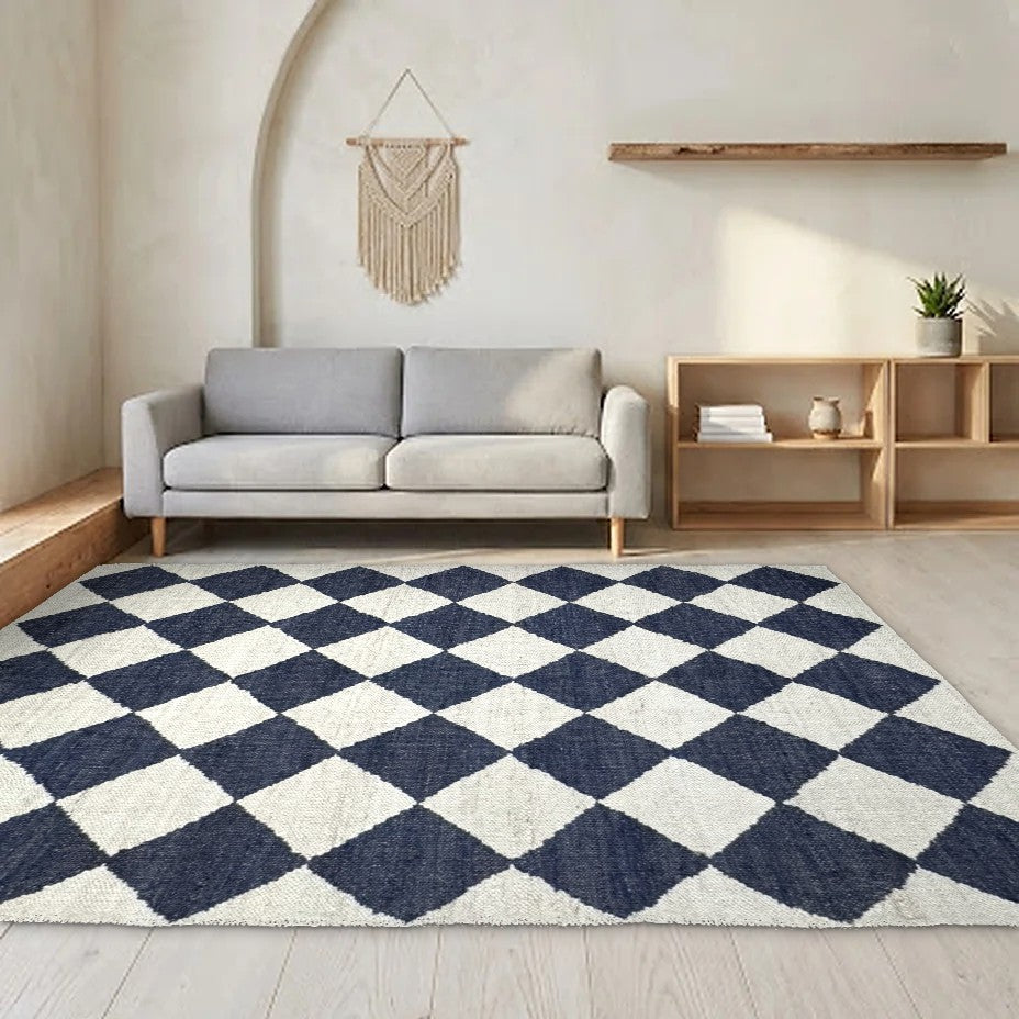 Room view: the rug on the floor of a furnished room, shown at its real size