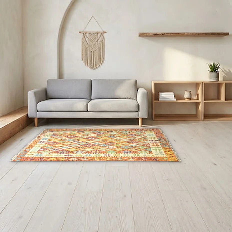 Room view: the rug on the floor of a furnished room, shown at its real size